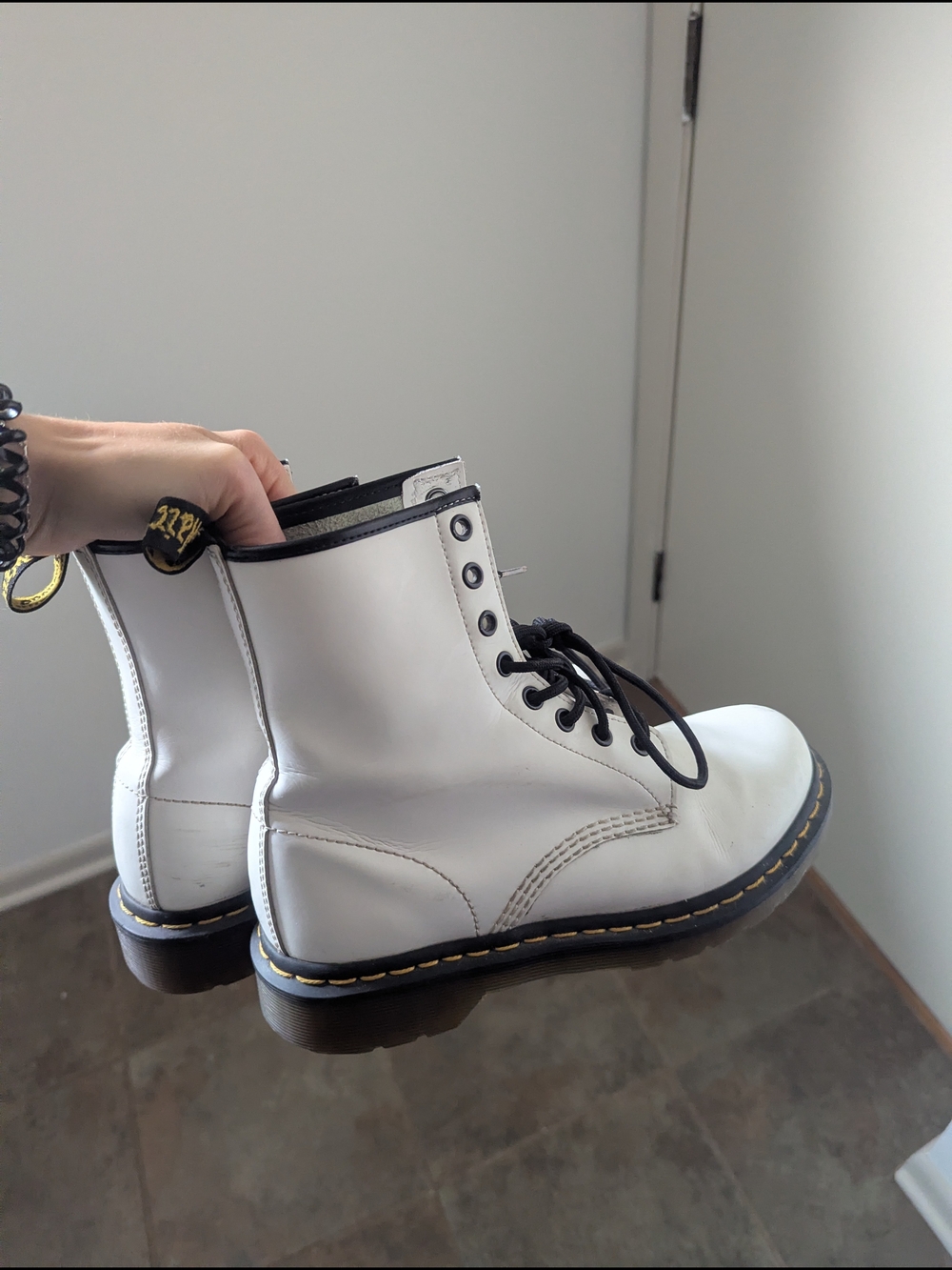 White Lace-Up Combat Boots with Yellow Stitching